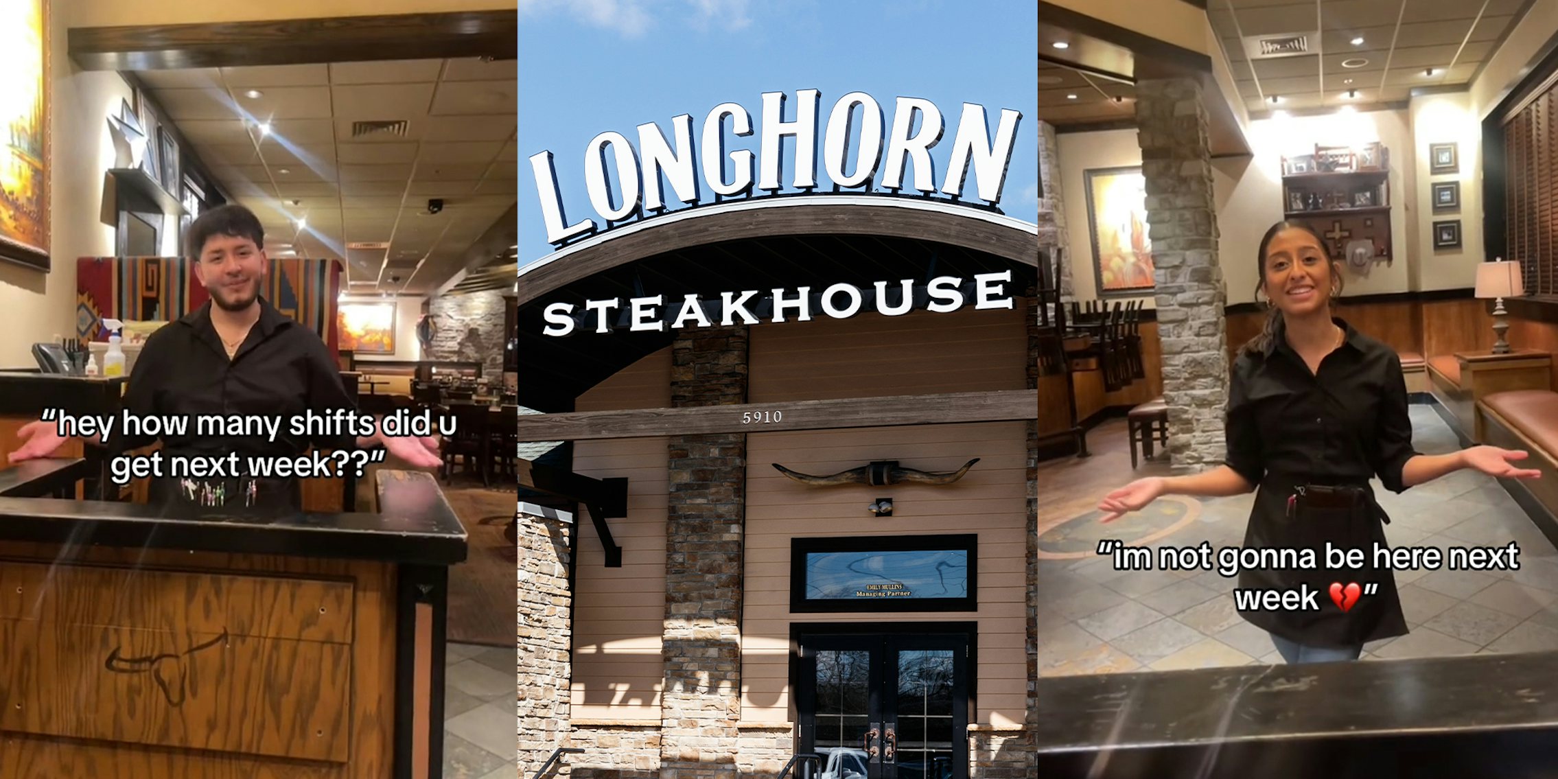 Server standing behind welcome desk; Longhorn Steakhouse server leaves for college