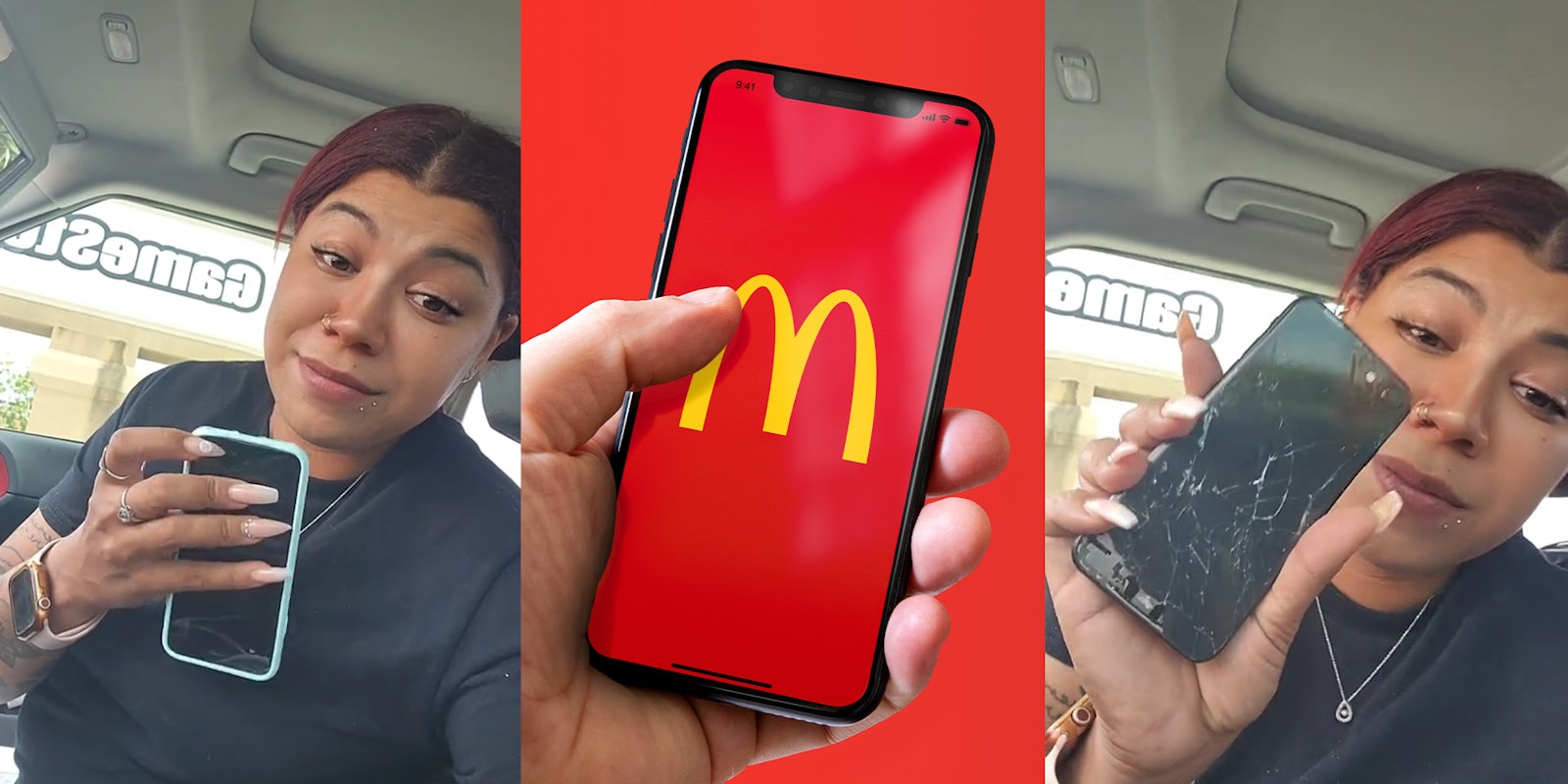 Woman holding cracked iPhone; hand holding iPhone with McDonalds M logo