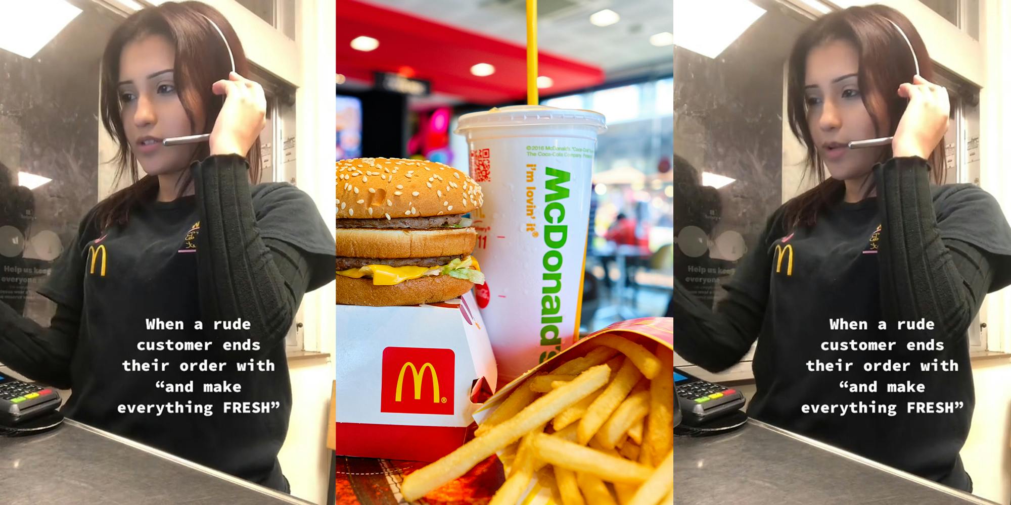 McDonald's worker talking on drive thru; McDonalds Big Mac and Fries