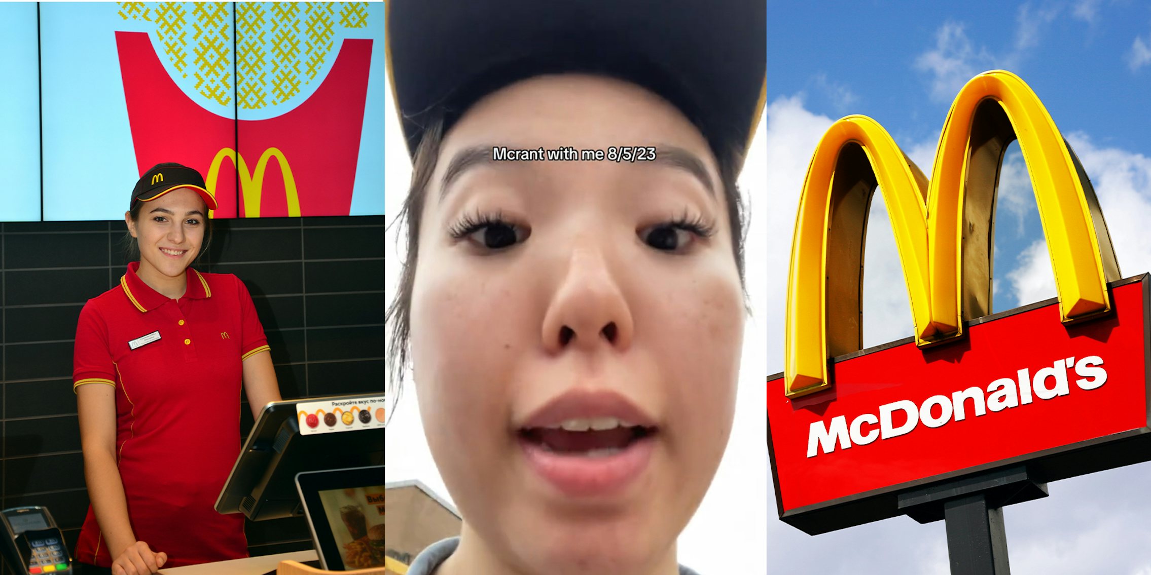 McDonalds Cashier, Woman TikToker explaining her work troubles; McDonalds Sign