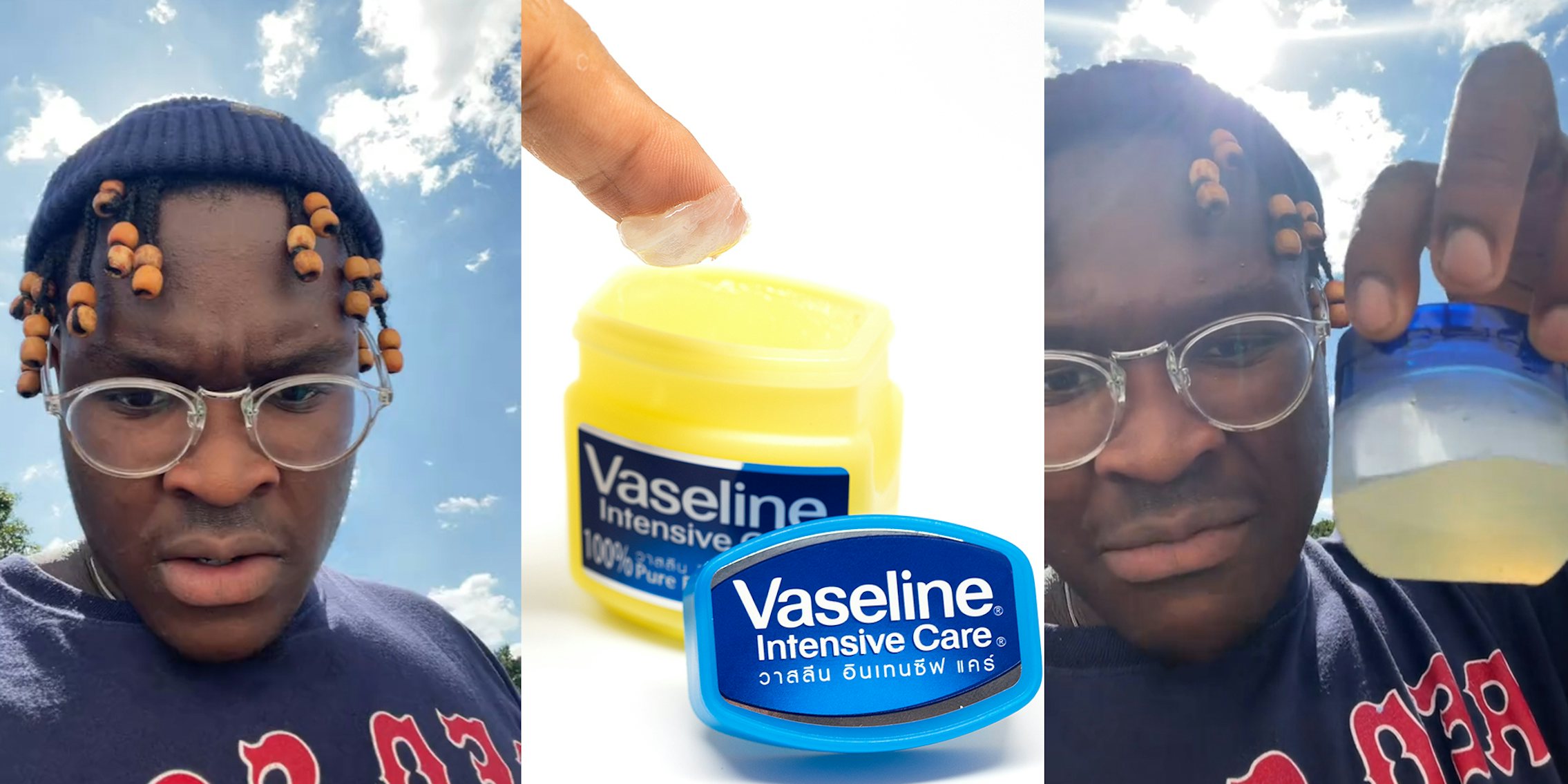 Young Black Man showing how hot it is by displaying his melted Vaseline