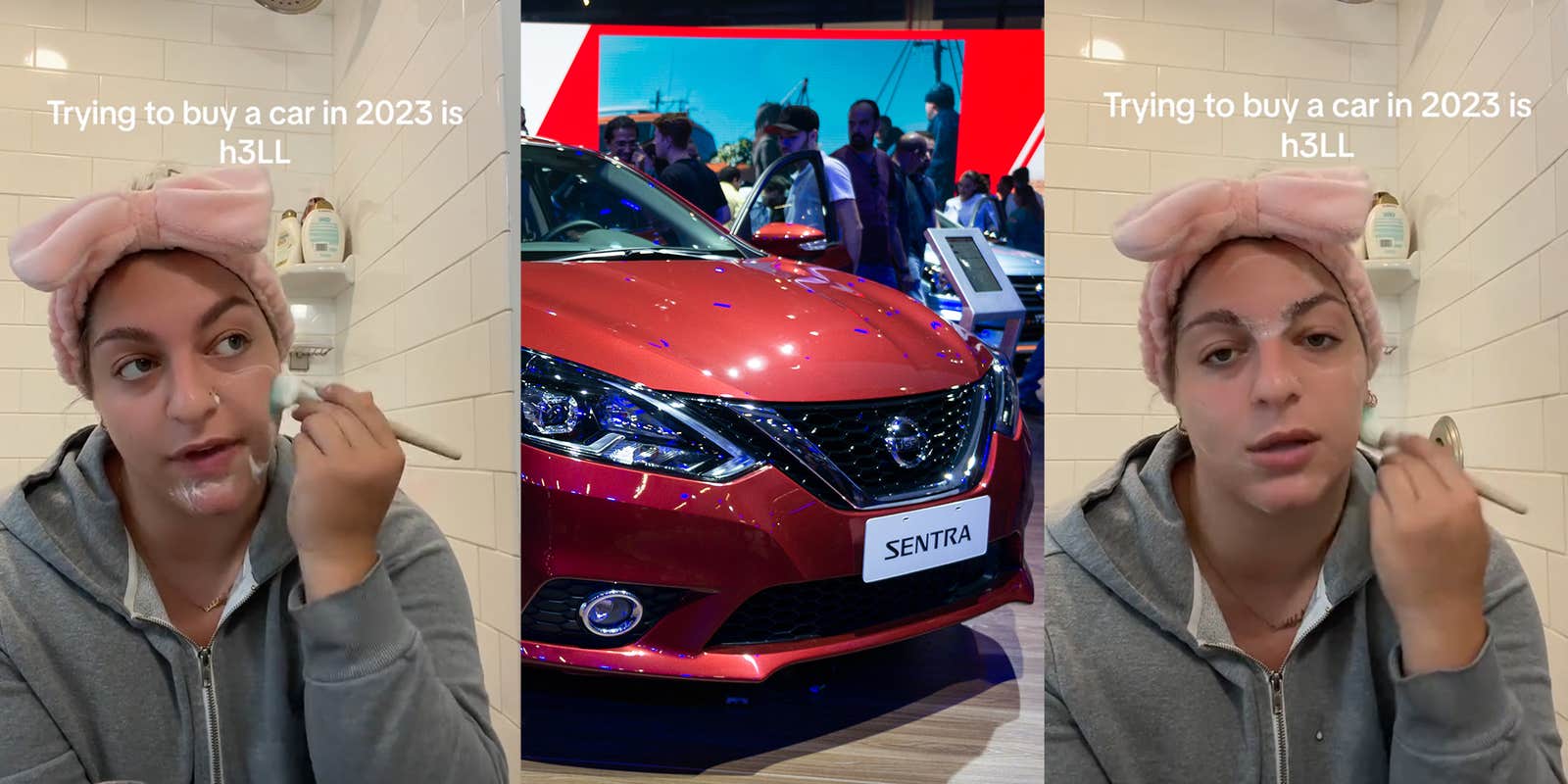 Woman putting on makeup in bathroom; Nissan Sentra vehicle on display