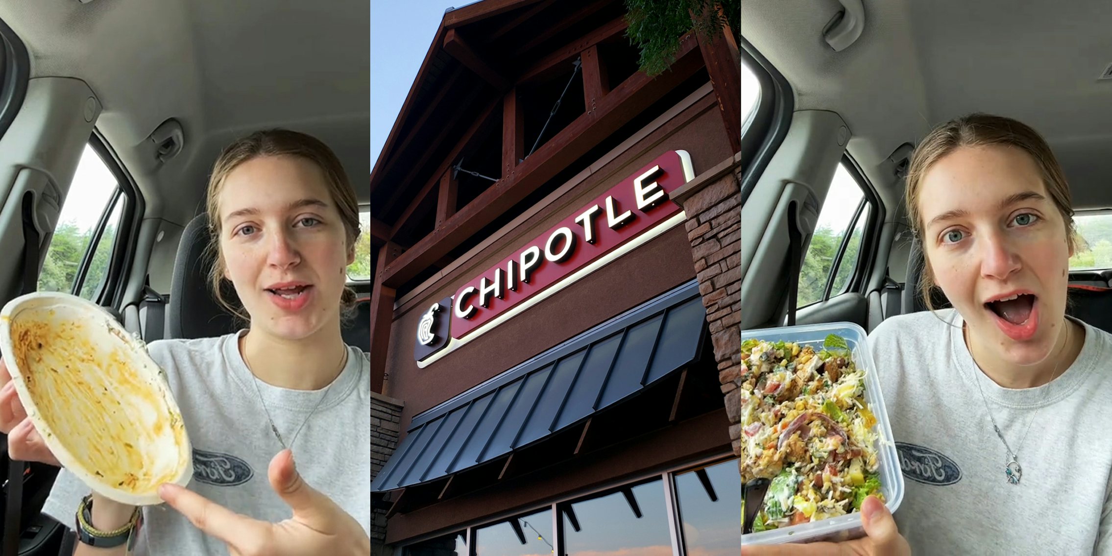 Chipotle customer speaking in car holding empty food container (l) Chipotle building with sign (c) Chipotle customer speaking in car holding large container filled with food (r)