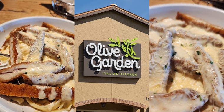 Customers discover chicken alfredo now available crispy; Olive Garden Restaurant Front