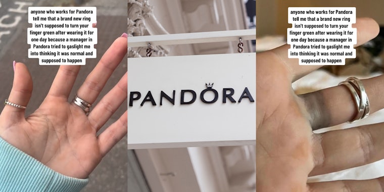 Woman's hand wearing ring on middle finger stained black due to the ring; Sign over a Pandora jewelry store on Broadway in Soho.
