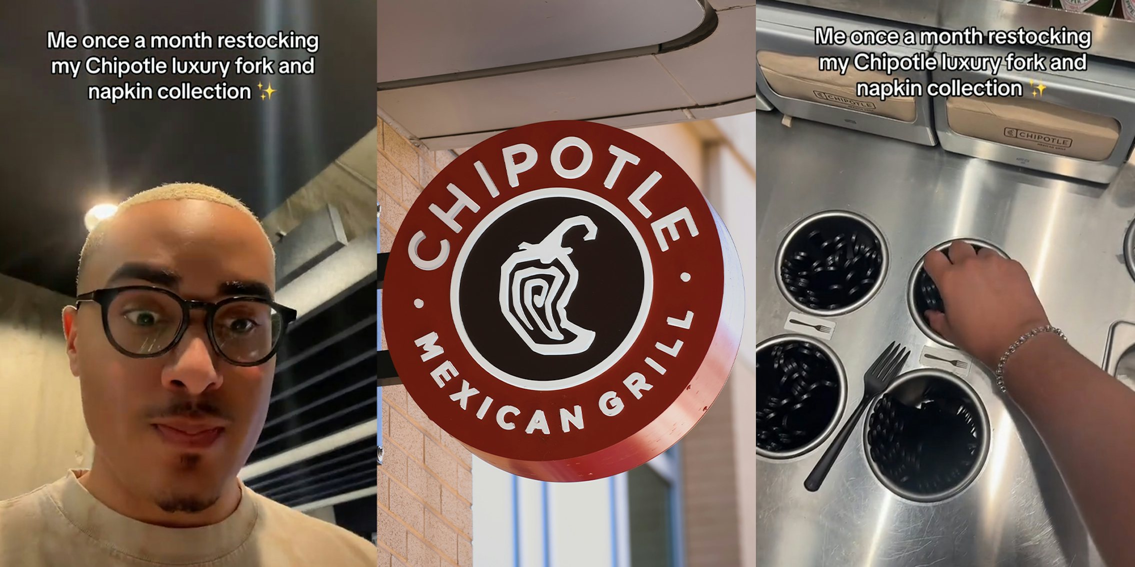 Man wearing Glasses at Chipotle; Logo of Chipotle Mexican Grill; Hand shown to be taking forks from Chipotle restaurant
