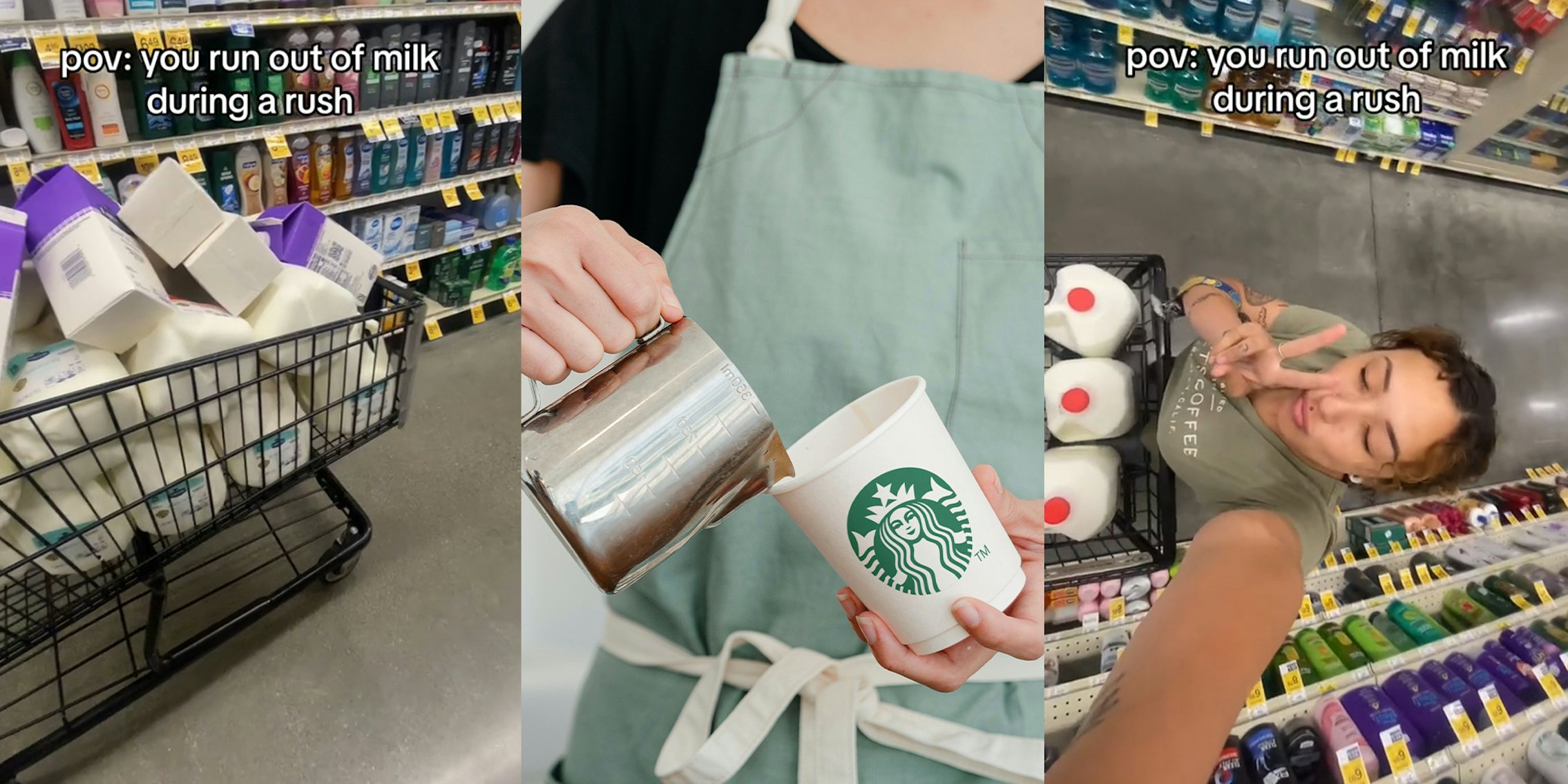 Cart full of Milk; Barista making delicious Starbucks coffee at the coffeehouse and cups show the Starbucks Logo; Woman taking selfie while going out to buy milk