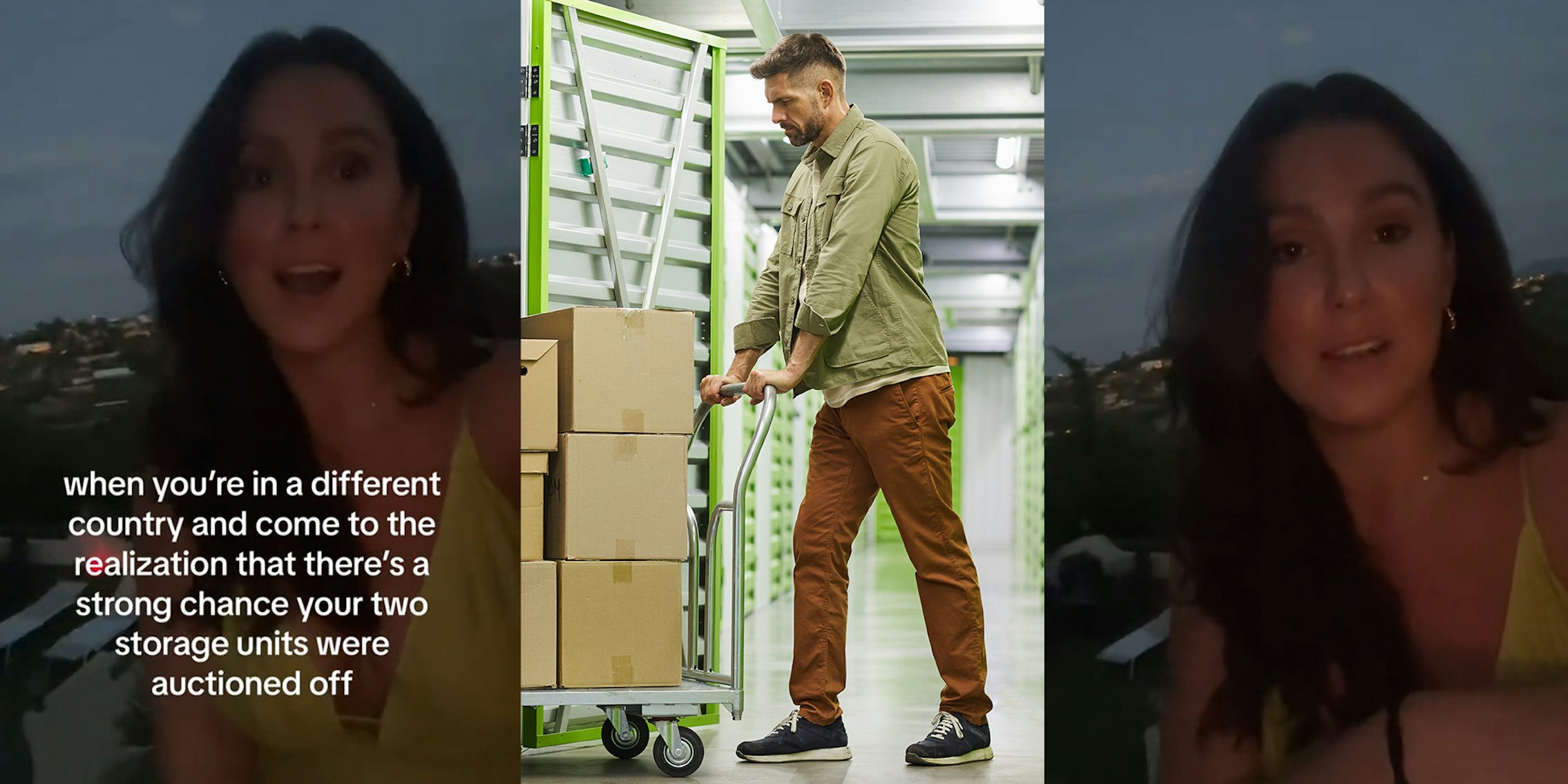 woman in yellow dress, Full length side view at handsome bearded man loading cart with cardboard boxes into self storage unit, copy space
