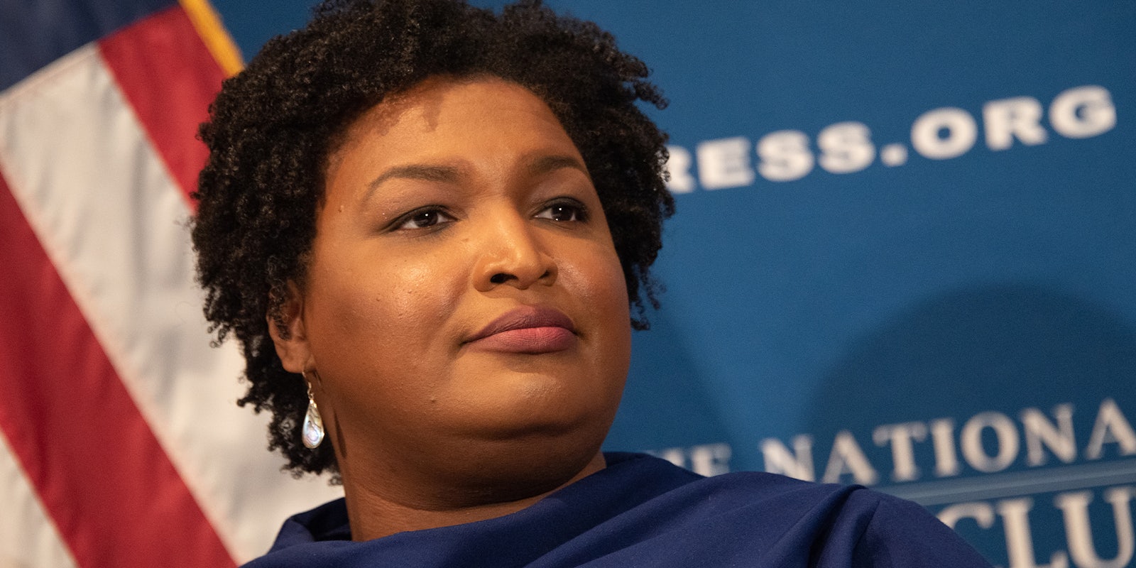 Stacey Abrams speaking, illustrating a story on Stacey Abrams books
