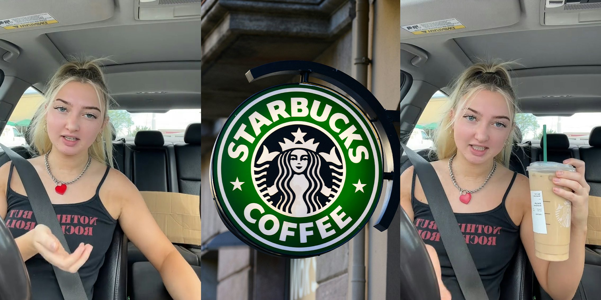 Starbucks Barista inside of her car giving advice; Starbucks Logo Sign outside
