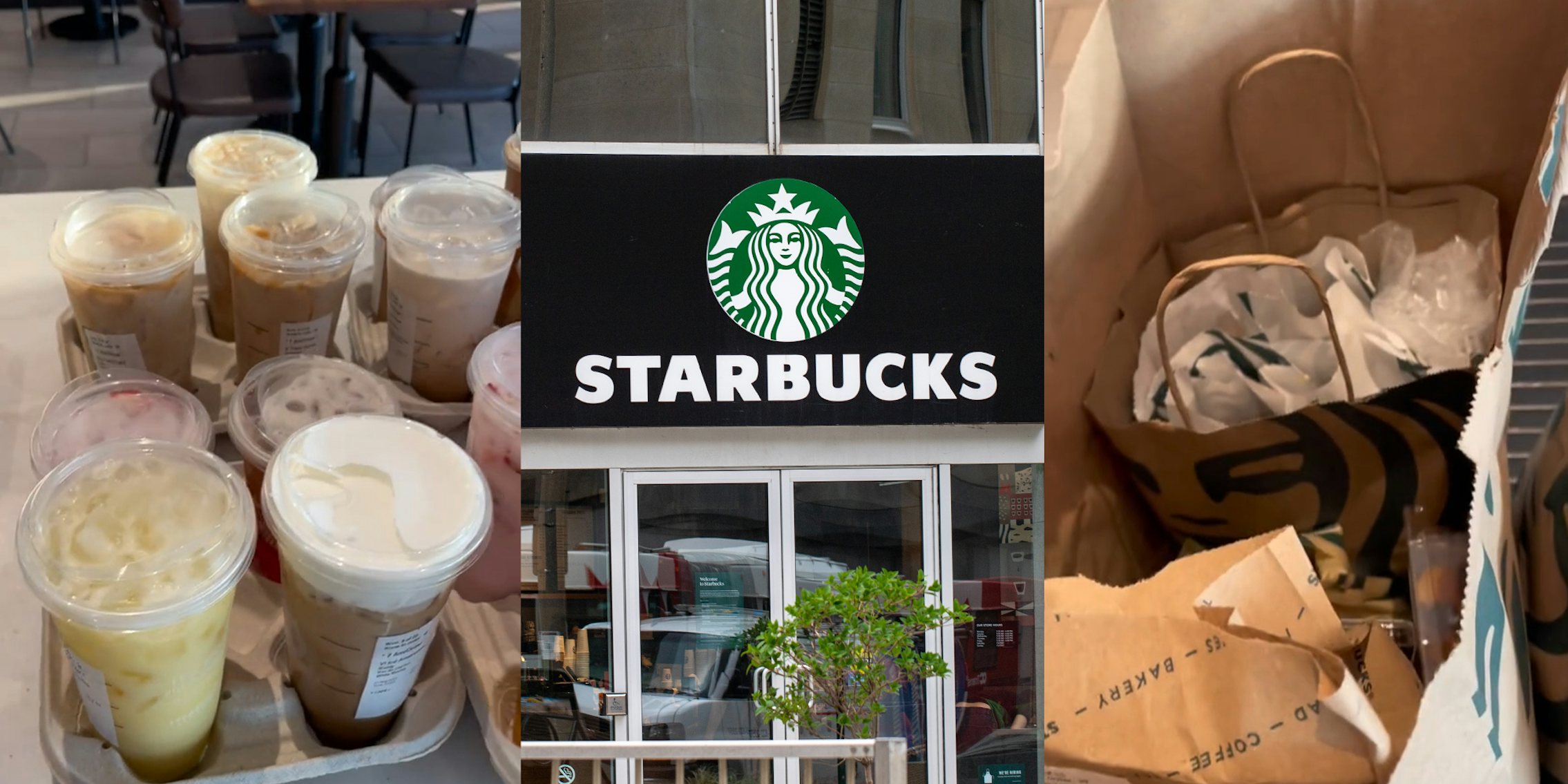 Large order of Drinks from Starbucks; Starbucks logo store front; Starbucks bags