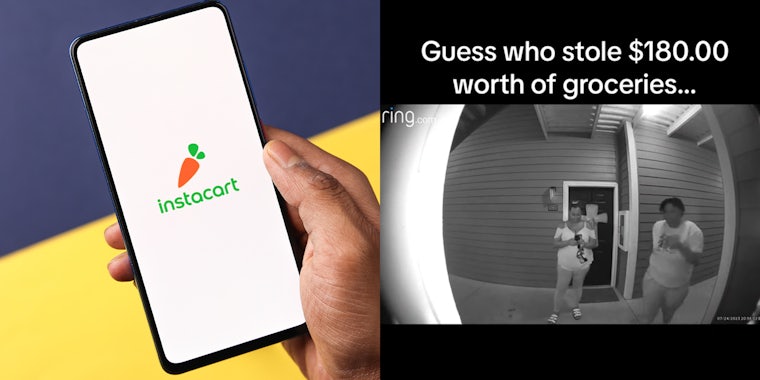 Hand holding phone with instacart logo on display; Instacart customer’s groceries get taken after they leave them at door