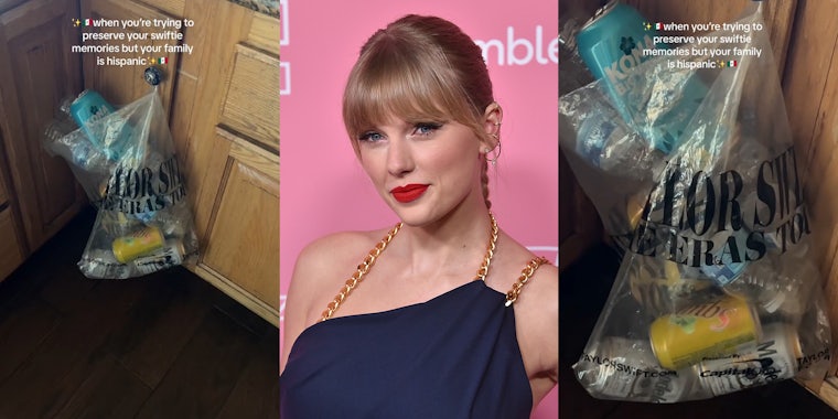 Taylor Swift Eras Tour Bag Being used as a garbage bag; Taylor Swift