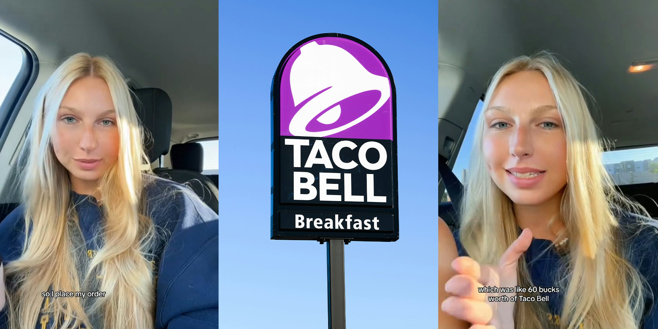 Blonde woman explaining her experience Taco Bell pay it forward scam, Taco Bell Logo Sign