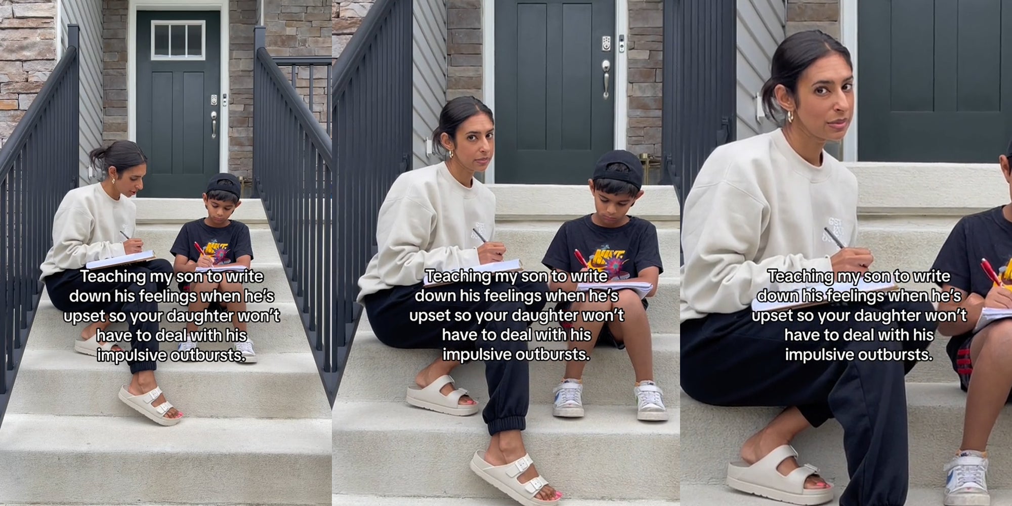 woman and her son sitting on the stairs