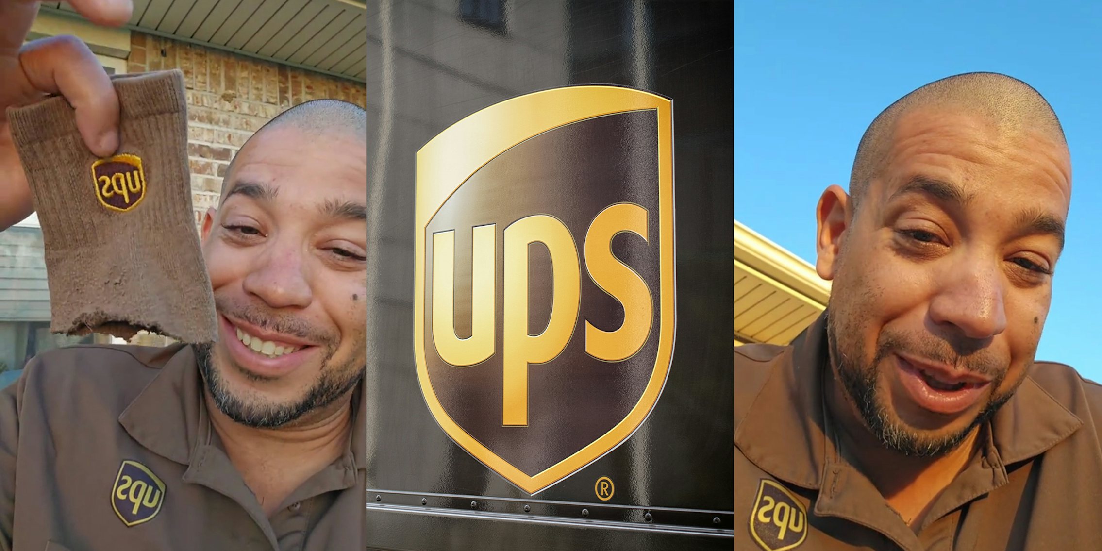 UPS Delivery driver showing a piece of his sock which is a uniform requirement