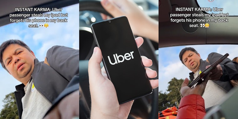 Uber passenger tries to take off with driver’s iPad; Hand holding phone with uber logo while driving