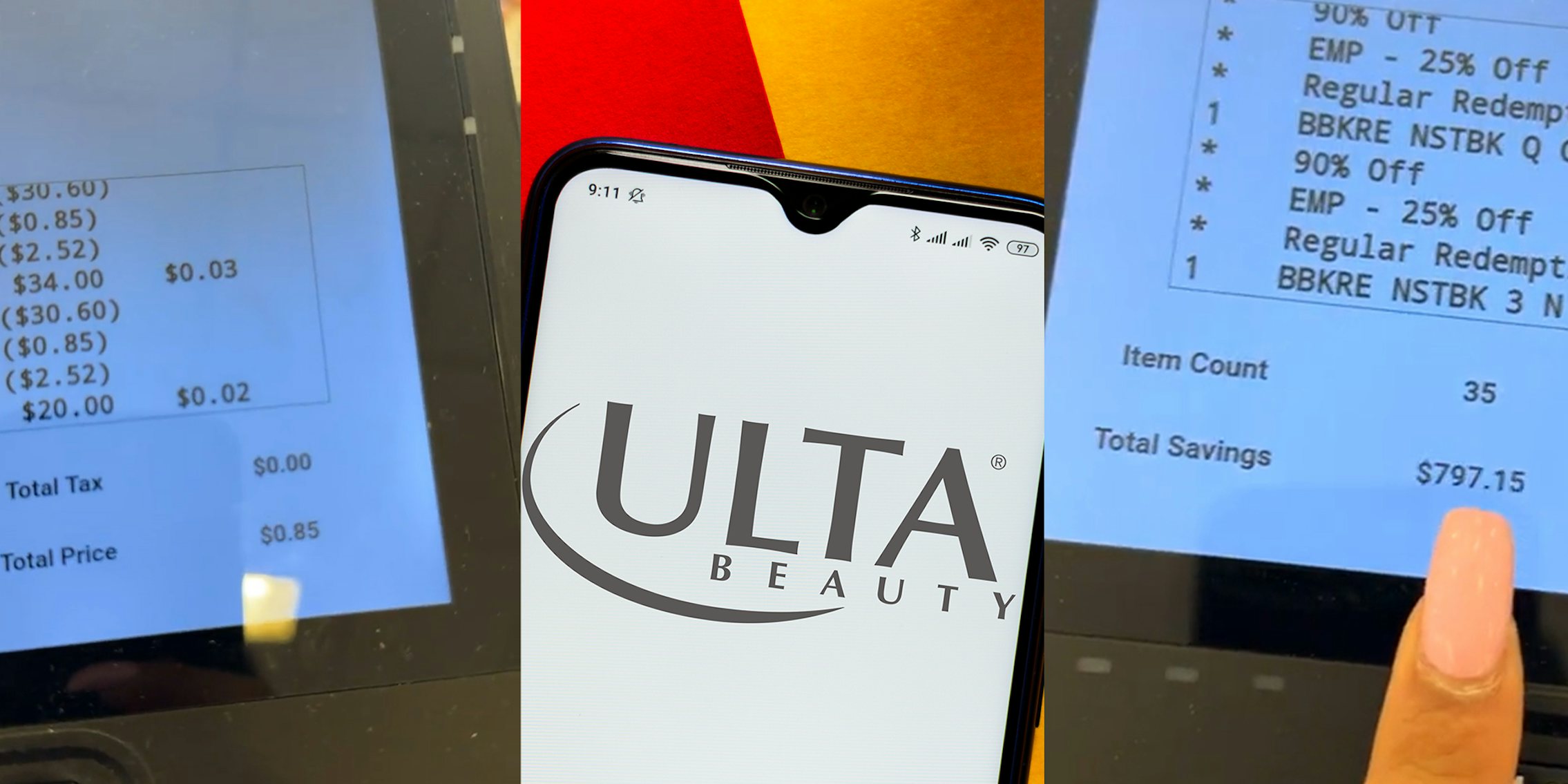 Register Screen showing total price and savings at Ulta Beauty; Ulta Beauty logo on phone display Infront red and yellow background