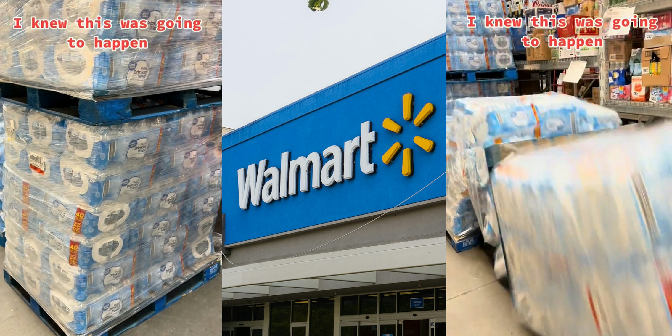 Walmart palette of Great Value drinking water gets stacked too high and comes crashing down
