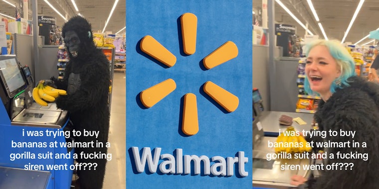 Woman in Gorilla Suit buying bananas at Walmart