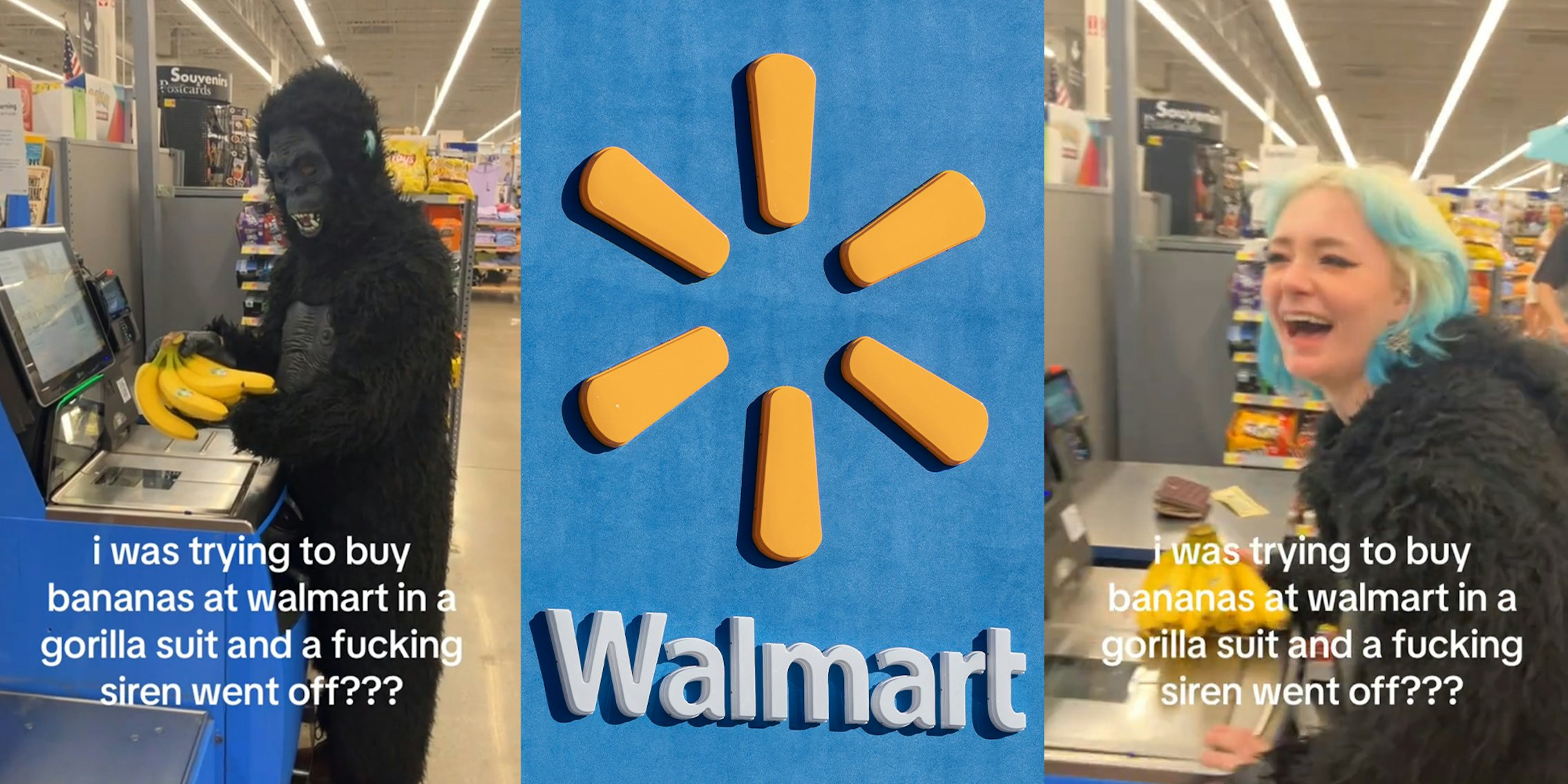 Woman in Gorilla Suit buying bananas at Walmart