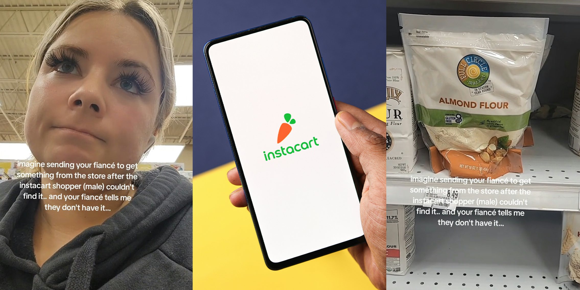 woman in store; hand holding phone with Instacart logo showing; bag of almond flour on shelf