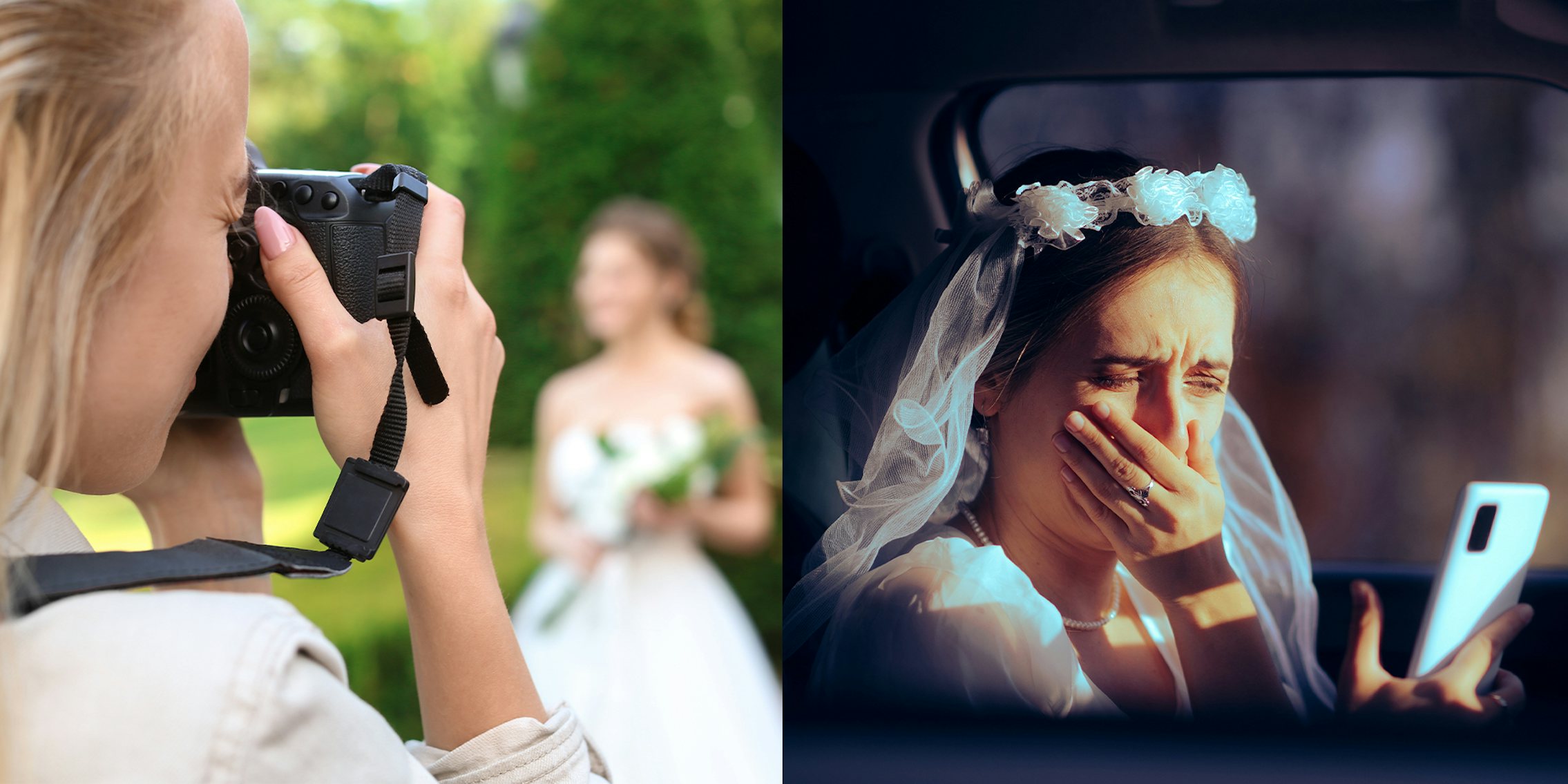 Female Photographer taking photo of bride; Bride Crying while looking at phone screen