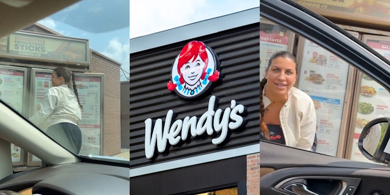 Wendy's customers get out of their car in the drive-thru to flip the menu; Wendy's Restaurant Front Logo