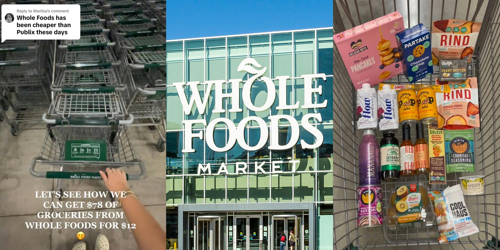 Woman pulling out shopping cart; Whole Food Markets Building Logo; Cart Filled with various store products