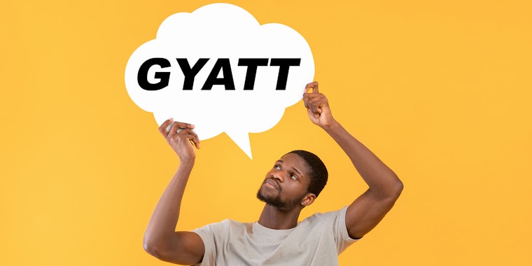 Thoughtful black man holding speech bubble with the word 'GYAAT' over yellow studio background