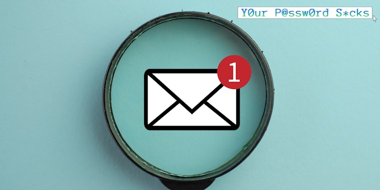 An email icon with a magnifying glass on it. The 'Your Password Sucks' column logo for the web_crawlr column is in the top right corner.