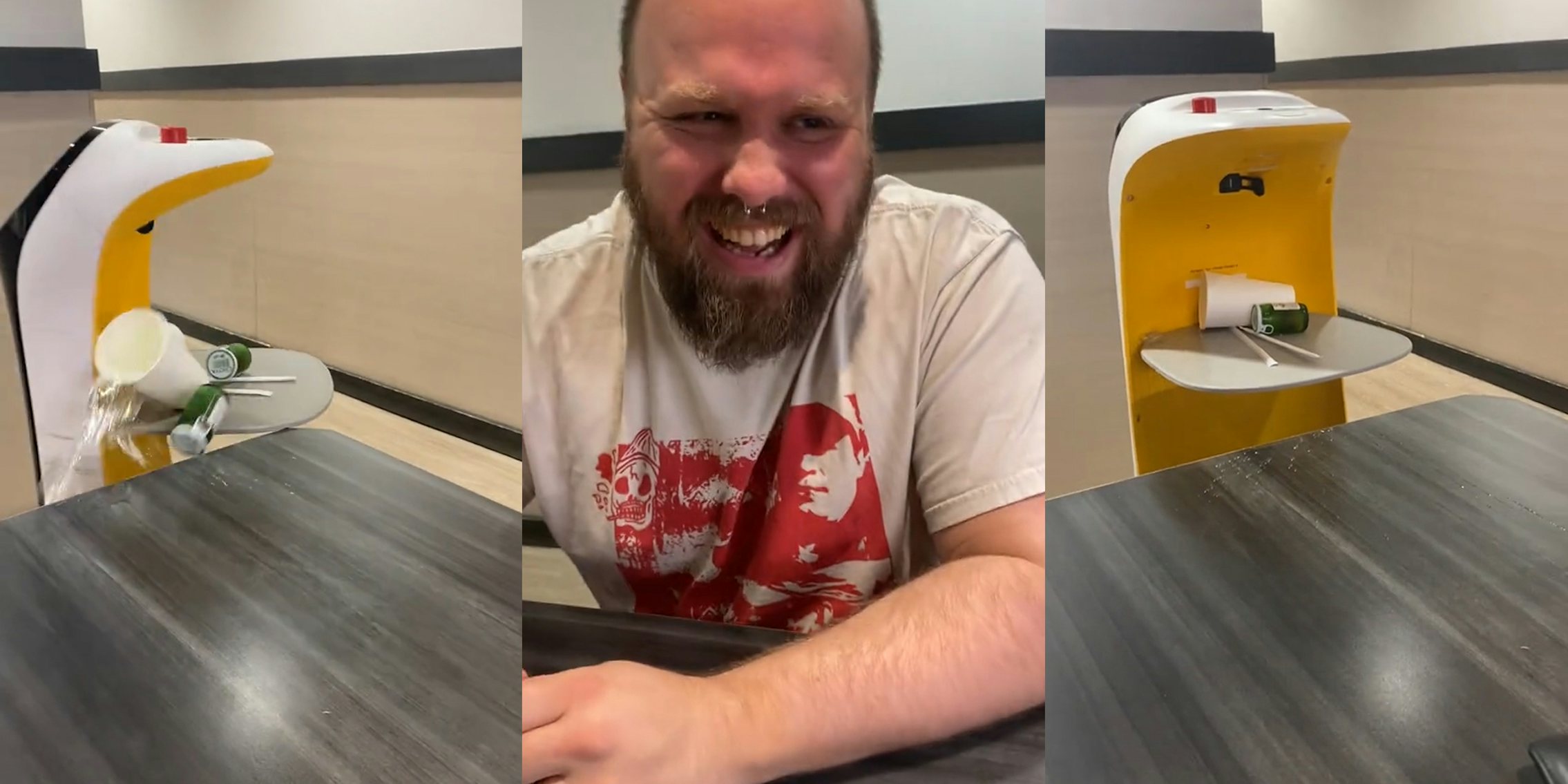 AI server bot spilling drinks (l) man at table laughing (c) AI server bot with spilled drinks (r)