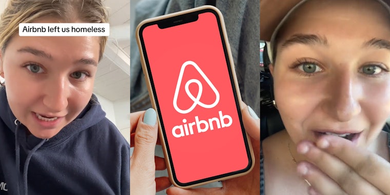Airbnb customer speaking with caption 'Airbnb left us homeless' (l) hand holding phone with Airbnb app open on screen (c) Airbnb customer speaking in car (r)