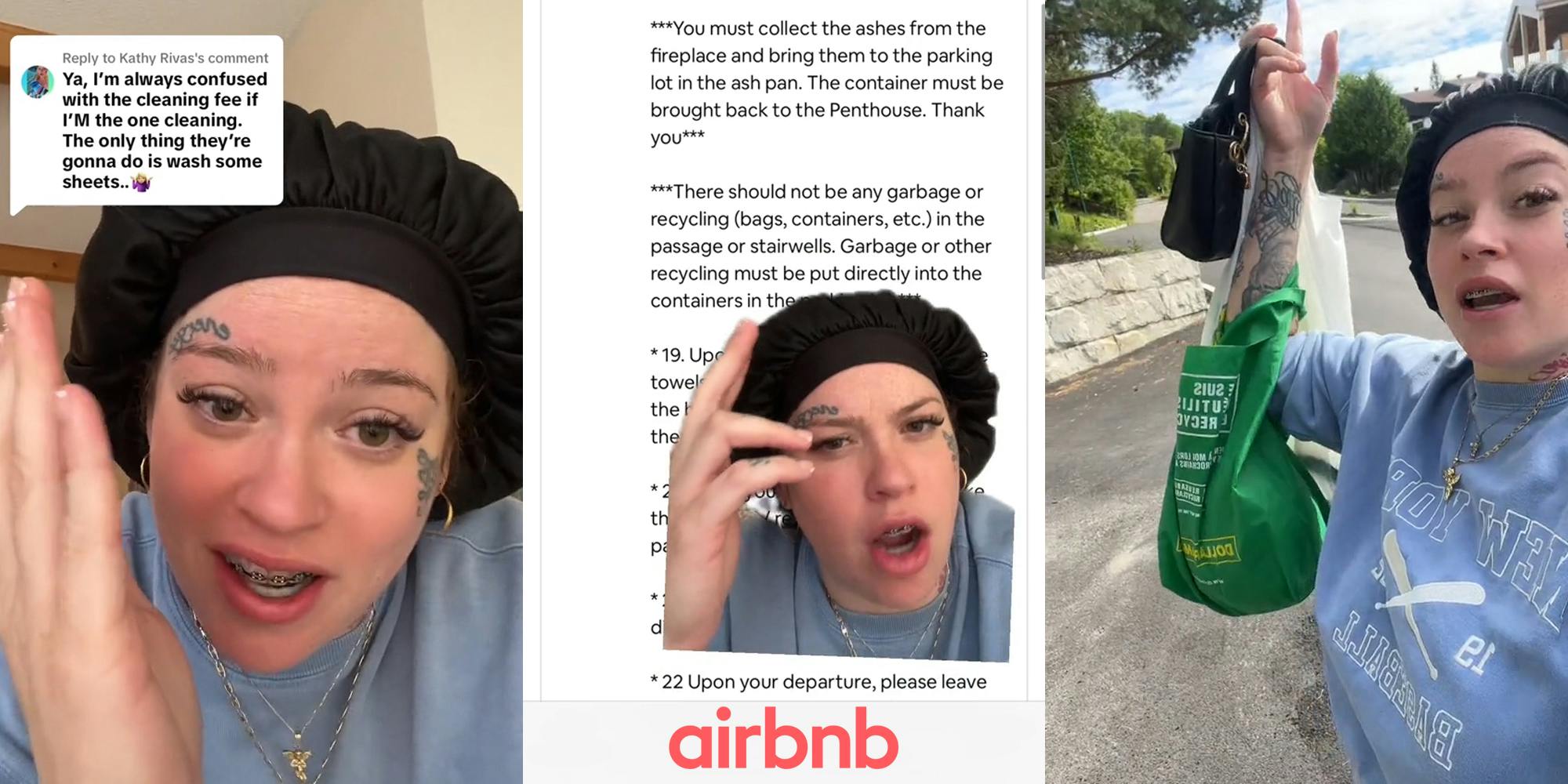 Airbnb guest speaking with caption "Ya, I'm always confused with the cleaning fee if I'm the one cleaning... (l) Airbnb guest greenscreen TikTok over email from Airbnb owner with Airbnb logo at the bottom (c) Airbnb guest taking out trash (r)