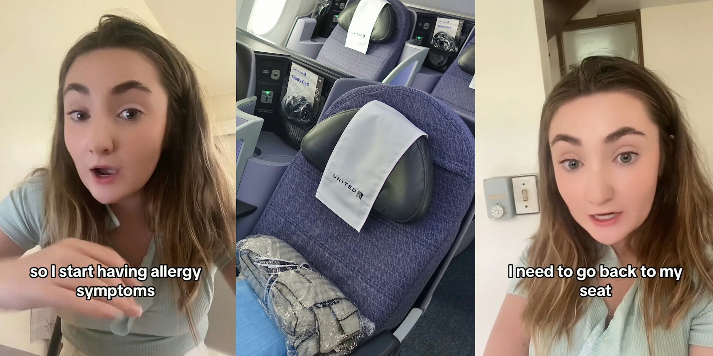 United Airlines passenger speaking with caption 'so I start having allergy symptoms' (l) United Airlines plane interior seats (c) United Airlines passenger speaking with caption 'I need to go back to my seat' (r)