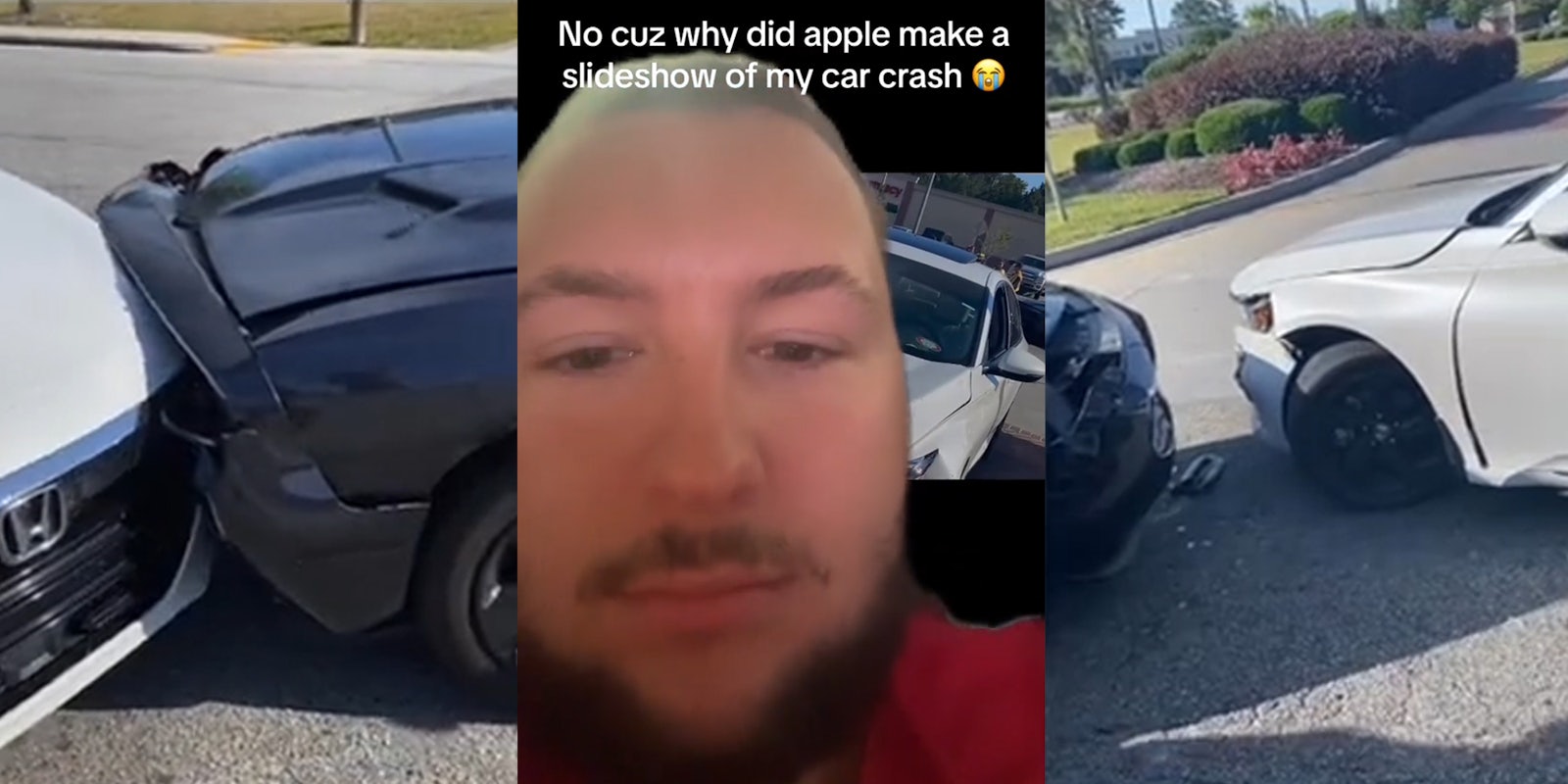 car crash photo (l) man greenscreen TikTok over Apple slideshow of car crash with caption 'No cuz why did apple make a slideshow of my car crash' (c) car crash photo (r)