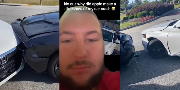 car crash photo (l) man greenscreen TikTok over Apple slideshow of car crash with caption 'No cuz why did apple make a slideshow of my car crash' (c) car crash photo (r)