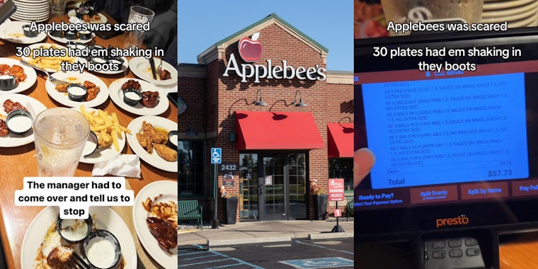 Applebee's table with plates of wings with caption 'Applebees was scared 30 plates had em shaking in they boots The manager had to come over and tell us to stop' (l) Applebee's building with sign (c) Applebee's POS screen showing wing orders with caption 'Applebees was scared 30 plates had em shaking in they boots' (r)