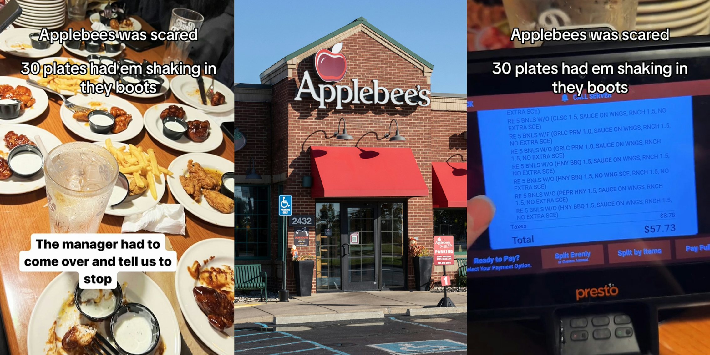 Applebee's table with plates of wings with caption 'Applebees was scared 30 plates had em shaking in they boots The manager had to come over and tell us to stop' (l) Applebee's building with sign (c) Applebee's POS screen showing wing orders with caption 'Applebees was scared 30 plates had em shaking in they boots' (r)