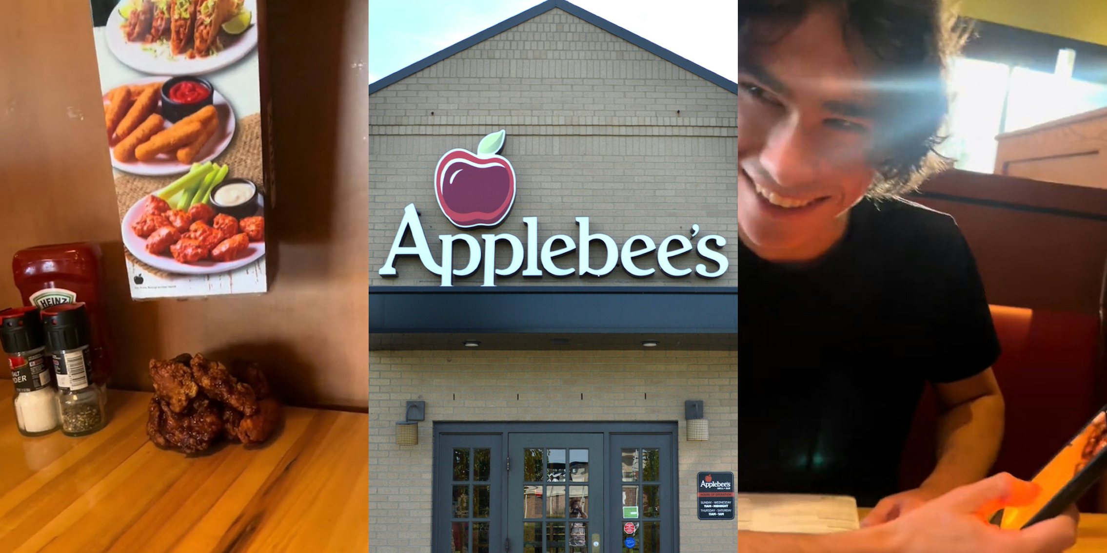 Applebee's wings on table (l) Applebee's sign on building (c) Applebee's customer laughing (r)