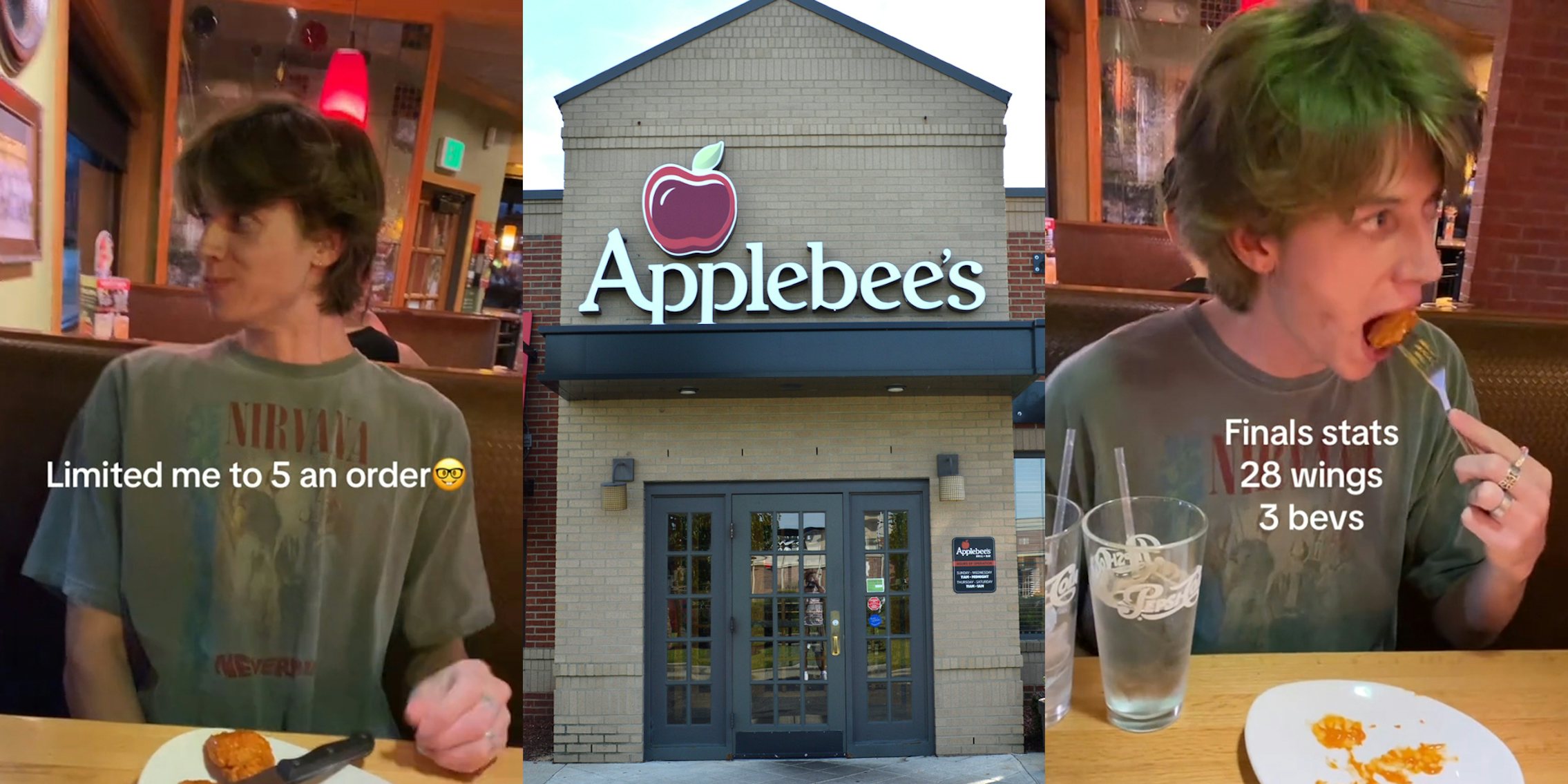 Applebee's customer eating wings with caption 'Limited me to 5 an order' (l) Applebee's building with sign (c) Applebee's customer eating wings with caption 'Finals stats 28 wings 3 bevs' (r)