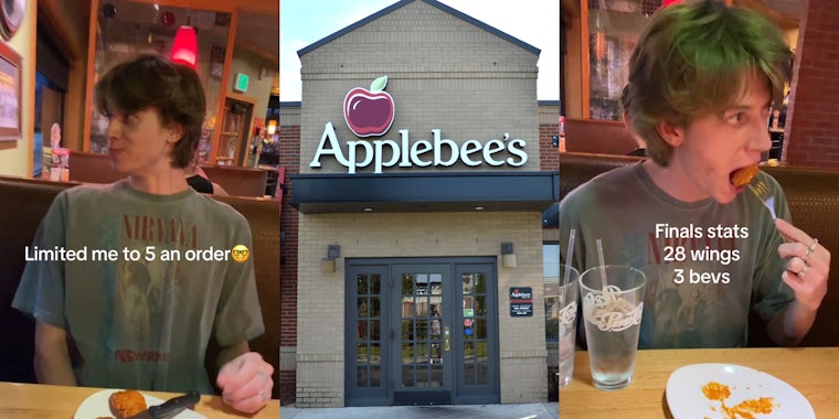 Applebee's customer eating wings with caption 'Limited me to 5 an order' (l) Applebee's building with sign (c) Applebee's customer eating wings with caption 'Finals stats 28 wings 3 bevs' (r)