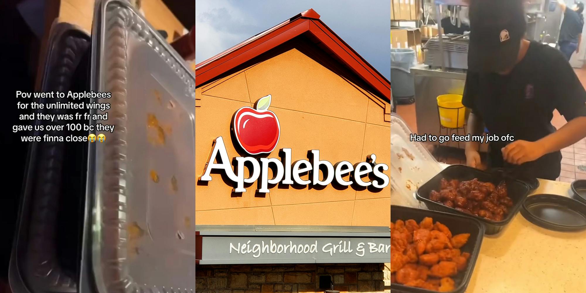 Applebee's wings with caption "Pov went to Applebees for the unlimited wings and they was fr fr and gave us over 100 bc they were finna close" (l) Applebee's sign on building (c) worker getting Applebee's wings with caption "Had to go feed my job ofc" (r)