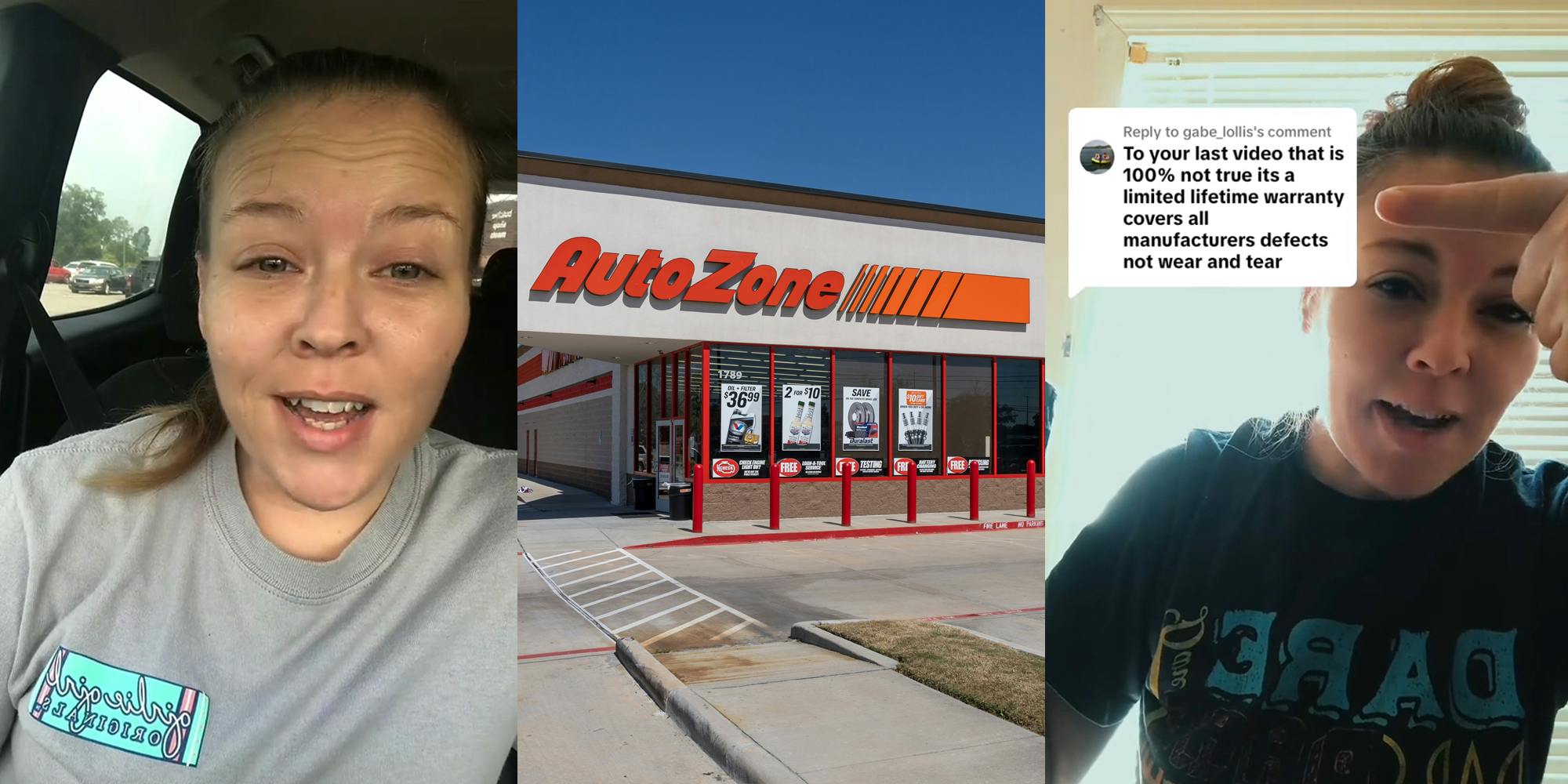 former AutoZone worker speaking in car (l) AutoZone building with sign (c) former AutoZone worker speaking pointing to caption "To your last video that is %100 not true its a limited lifetime warranty covers all manufactures defects not wear and tear" (r)