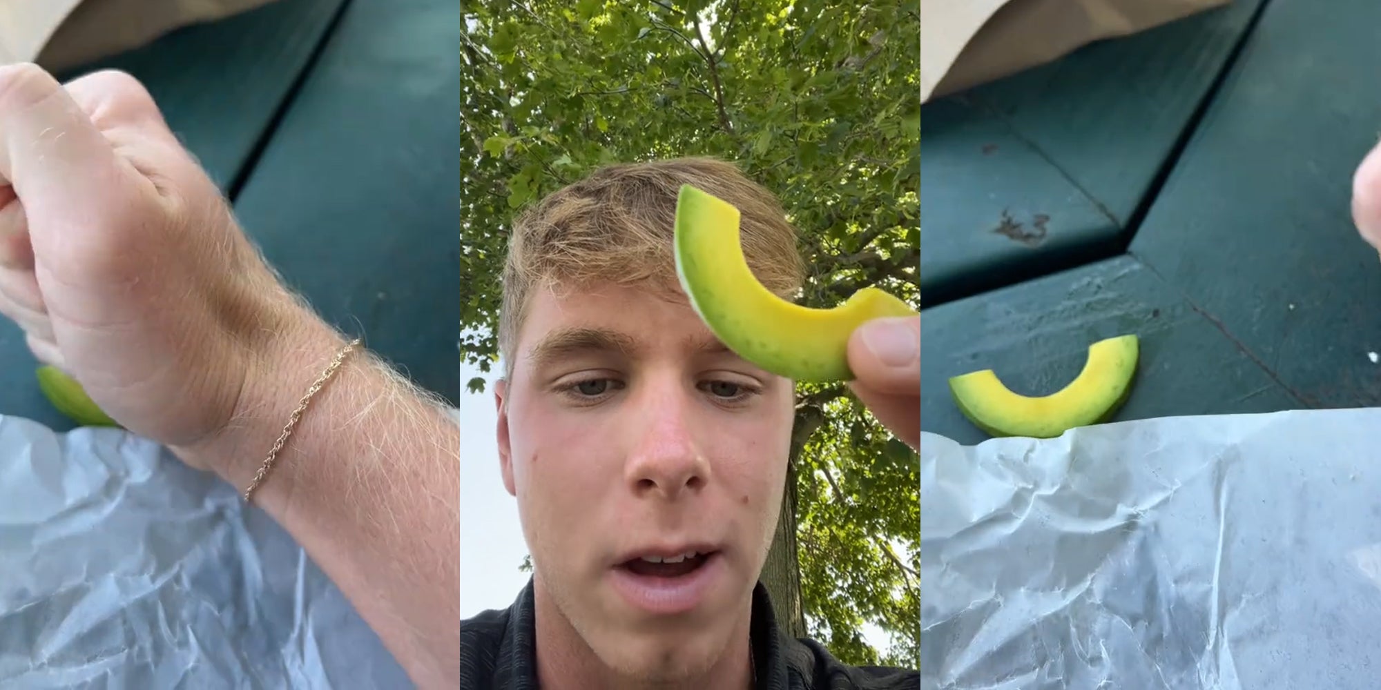 hand punching slice of avocado on table (l) man speaking holding slice of avocado (c) avocado undamaged on table (r)