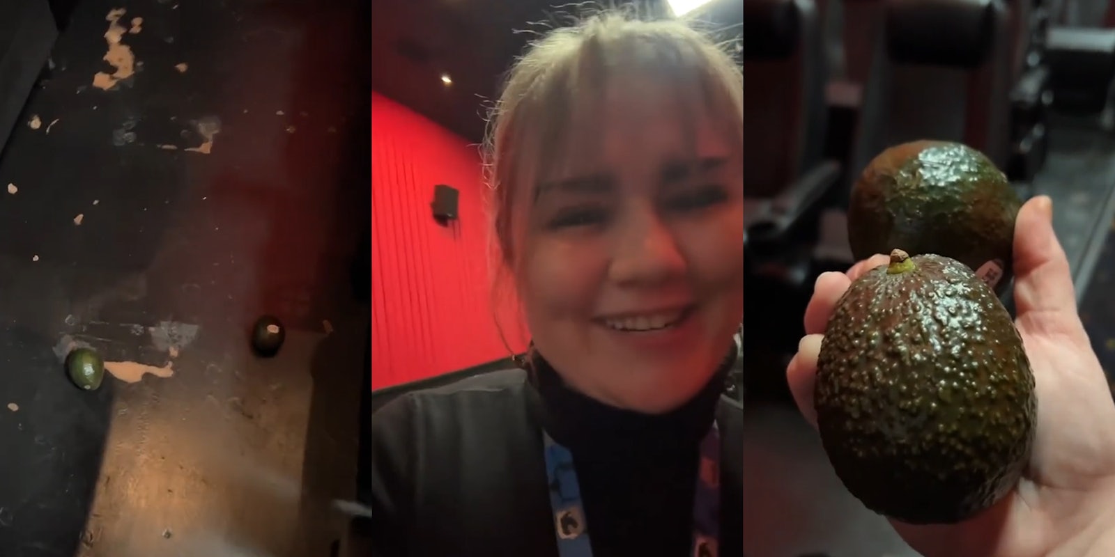 avocados on movie theatre floor (l) movie theatre employee laughing (c) movie theatre employee holding 2 avocados (r)