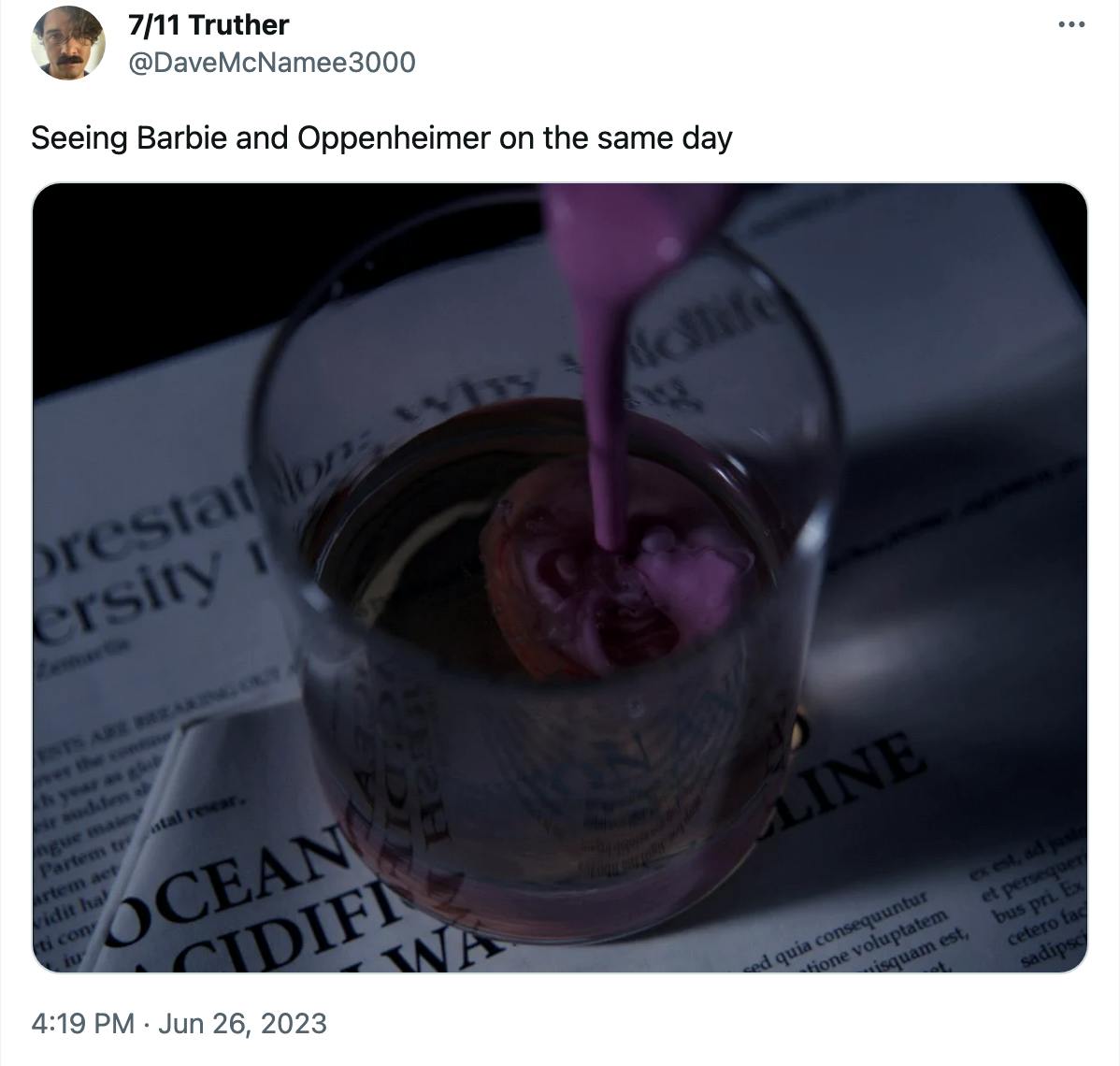 a tweet with a photo from first reformed of pepto bismol being mixed with booze