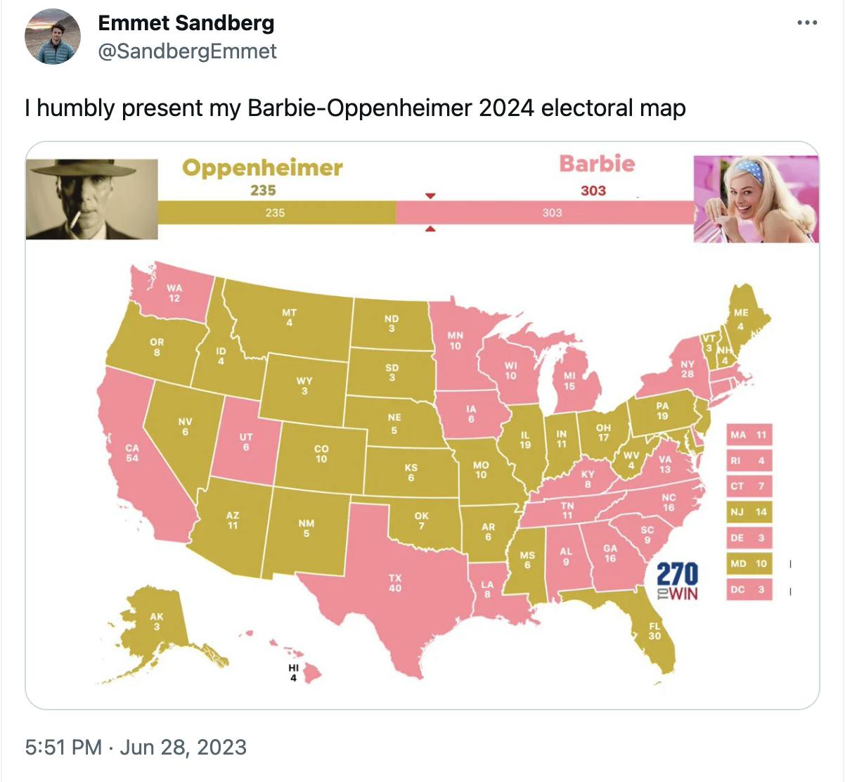 an electoral college map tracking which states would choose barbie or oppenheimer