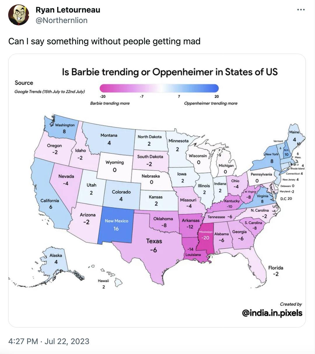 electoral map tracking interest in barbie and oppenheimer