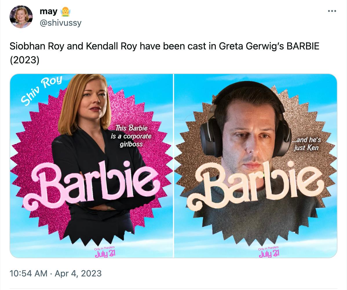 barbie character posters with shiv and kendall roy from succession